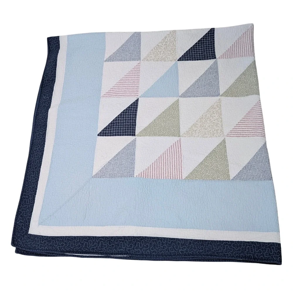 85x85 Machine Quilted Patchwork Triangle Quilt Blue Green Pink Floral Gingham